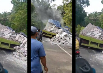 Tak Kuat Nanjak, Tumpahan Material Hebel Truk Menutup Jalan Utama di Majalengka