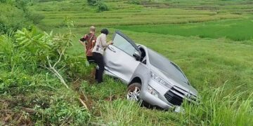 Hindari Pemotor Nyebrang, Sebuah Minibus Terjun Ke Sawah