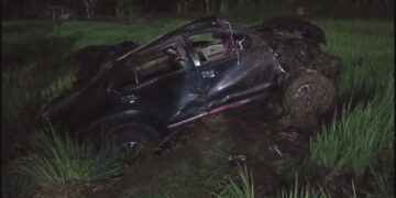 Sebuah minibus yang ditumpangi empat orang terjun ke sawah di Jalan Raya Lingkar Timur, Kabupaten Kuningan (Foto: Darfan)