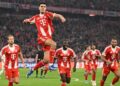 Selebrasi Aleksandar Pavlovic dalam laga Bayern Munchen vs Real Madrid di leg kedua perempat final Liga Champions 2025/2026, Kamis (16/4/2026). (c) AP Photo/Lennart Preiss