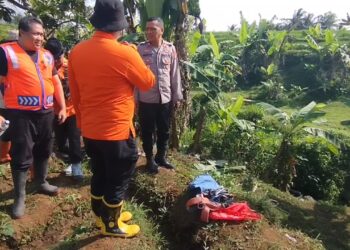 Petugas gabungan dari BPBD, polisi, TNI, relawan, serta masyarakat melakukan pencarian warga yang hilang di area ladang Desa Ragawacana, Kecamatan Kramatmulya, Kabupaten Kuningan (Foto : Darfan)