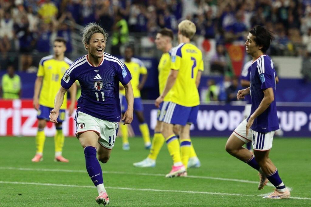 Daizen Maeda merayakan gol dalam pertandingan sepak bola Grup F Piala Dunia 2026 Jepang vs Swedia di Stadion Dallas di Arlington pada 25 Juni 2026. (Foto oleh Aric Becker / AFP)(AFP/ARIC BECKER)