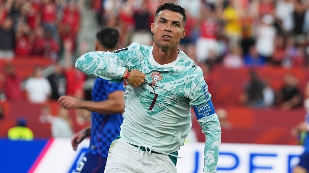 Selebrasi Cristiano Ronaldo usai membobol gawang Kroasia di babak 32 besar Piala Dunia 2026, Jumat (3/7/2026) (Sumber Foto : AP Photo/Stephanie Scarbrough)